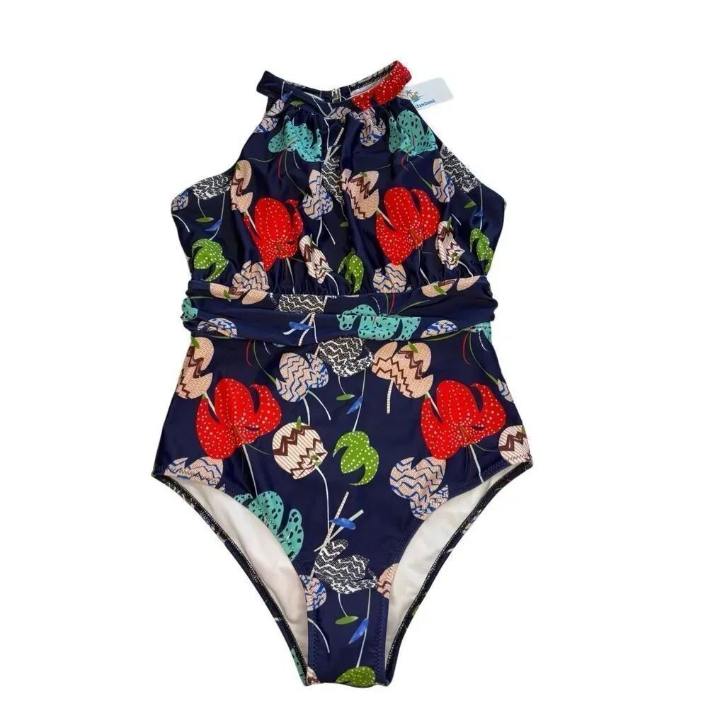 NWT beachsissi navy haltered floral one piece swimsuit - M